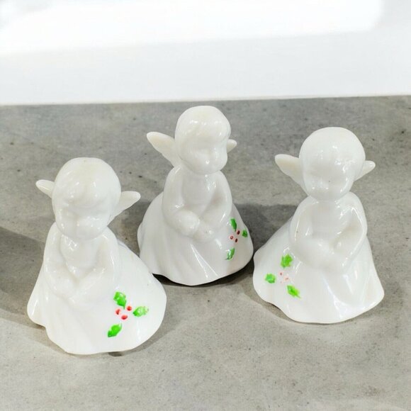 ENESCO Porcelain ANGEL Figurines CHRISTMAS Small Miniature Set 3 Holly Leafs VTG - Picture 1 of 12